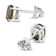 5x7mm Oval Prong-Set Smoky Quartz Stone Sterling Silver Stud Earrings - e446